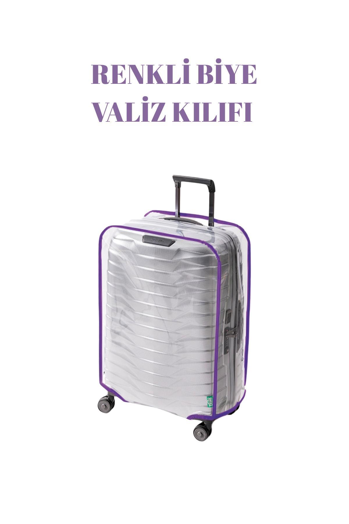 Renkli Biyeli Şeffaf Valiz Kılıfı ve Bavul Koruyucu Kılıf Lila Renk 